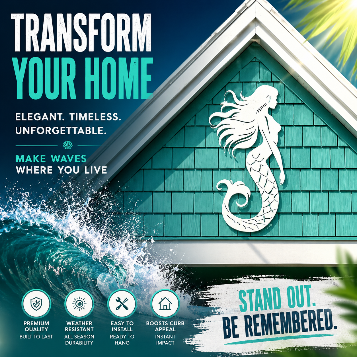 Outdoor Mermaid Wall Art – Weatherproof PVC Coastal Sign, Beach House, Pool & Ocean Decor image 3