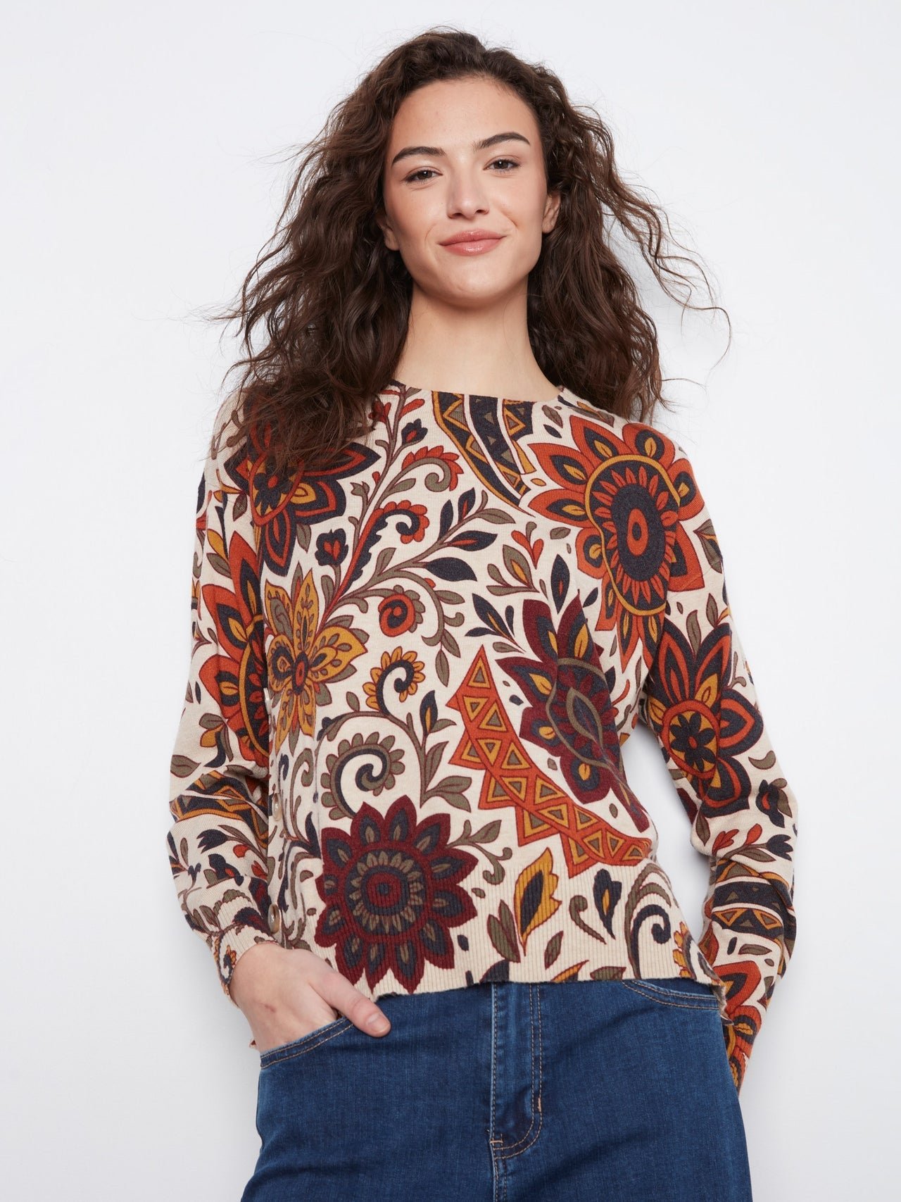 Charlie B Print Sweater w/ Side Buttons image 1