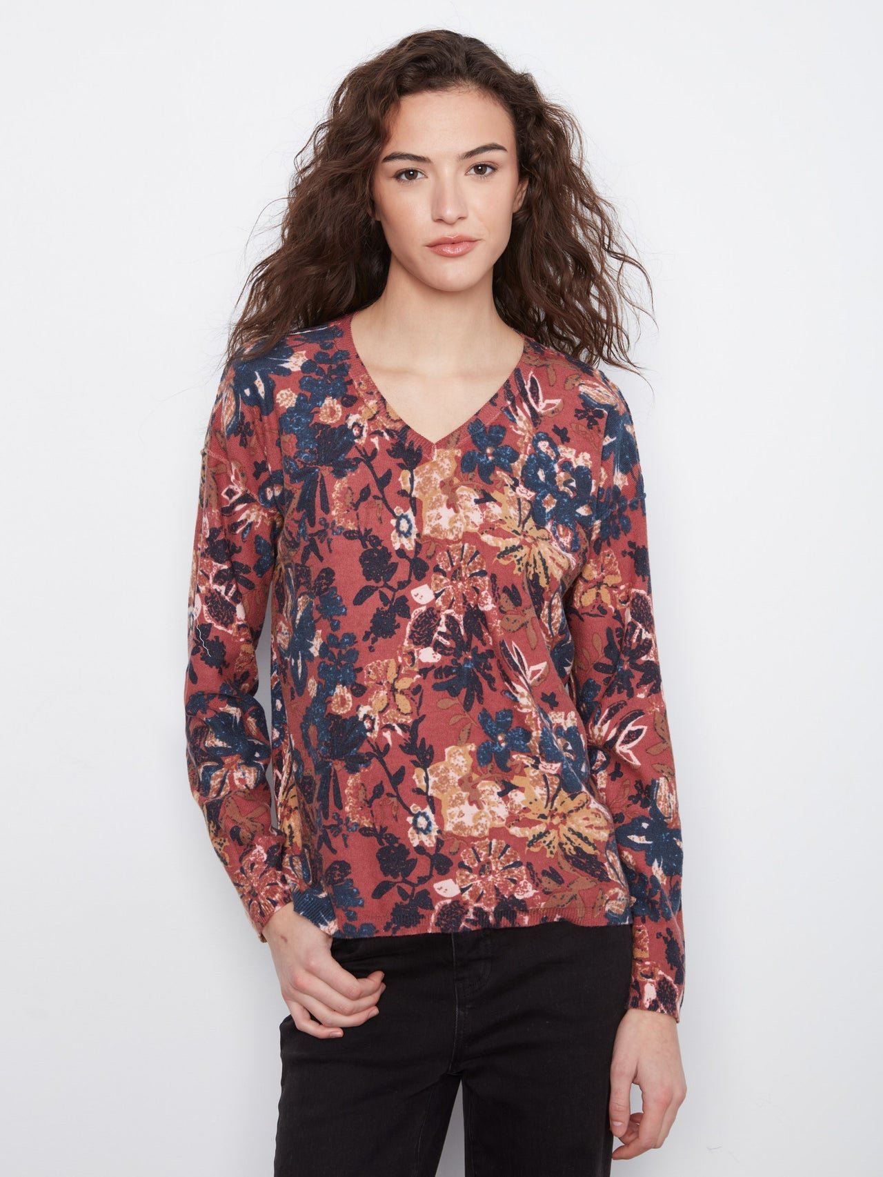 Charlie B Reversible Floral V-Neck Sweater image 1
