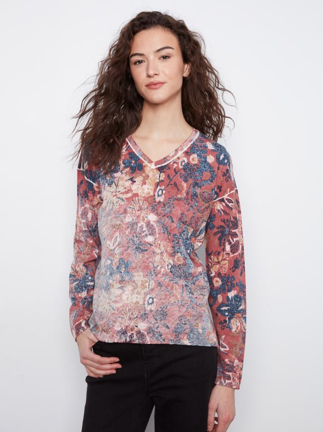 Charlie B Reversible Floral V-Neck Sweater image 2